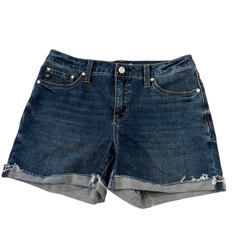 Seven7 Womens Dark Wash Raw Hem Denim Shorts Size 8 Mid Rise Stretch Blue
